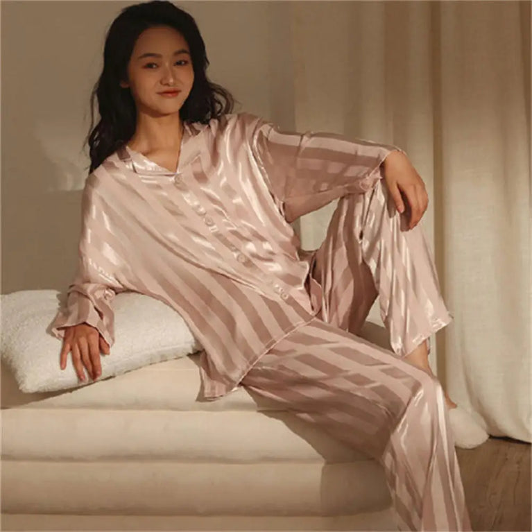 Women's Striped Satin Pajama Set | Long Sleeve Summer Home Suit