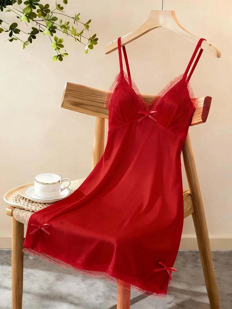 Womens Satin Slip Dress Lace Nightgown Mini Sleepwear Dress