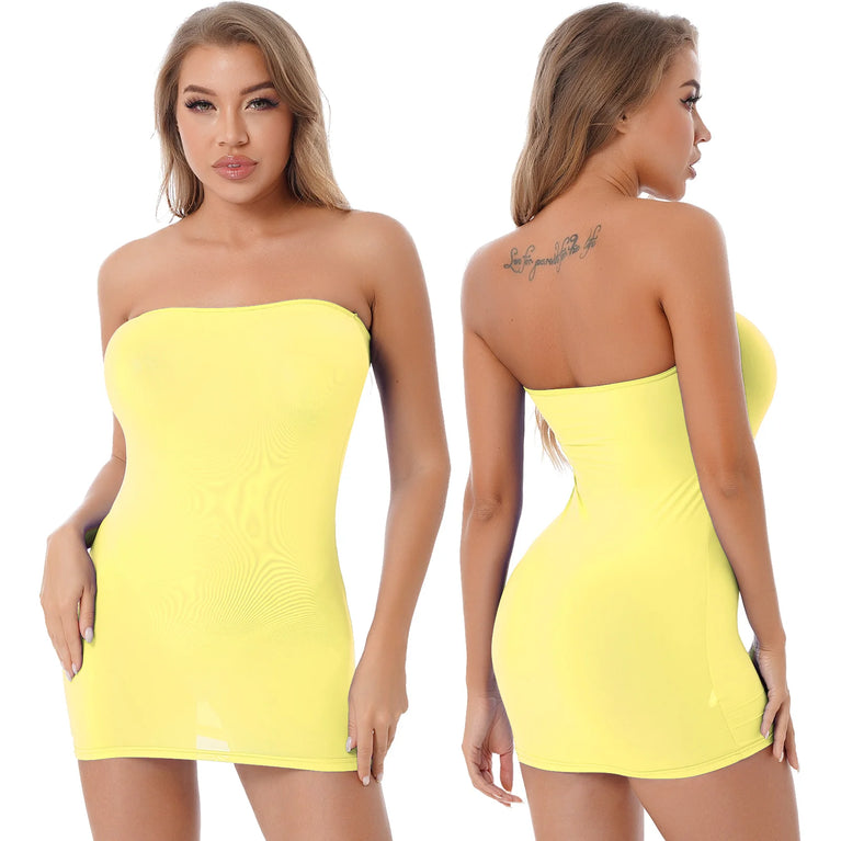 Womens Satin Slip Dress Strapless Zipper Bodycon Mini Club Nightwear Dress
