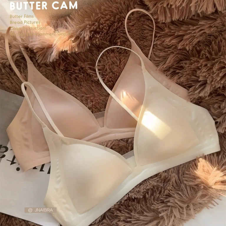 French Glossy Satin Seamless Bra | Deep-V Wireless Bralette