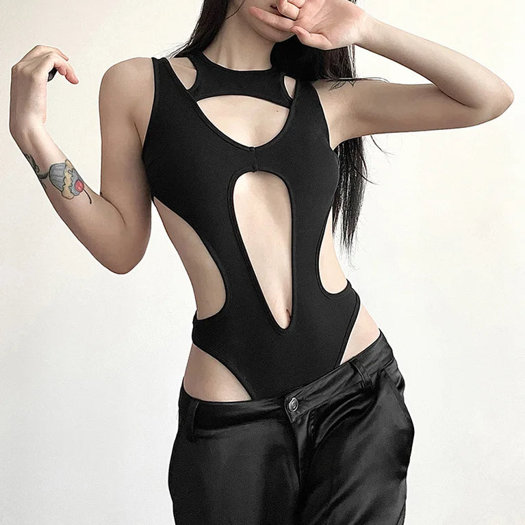 Hollow-Out Gothic Bodysuit | Sexy Woven Spring Top