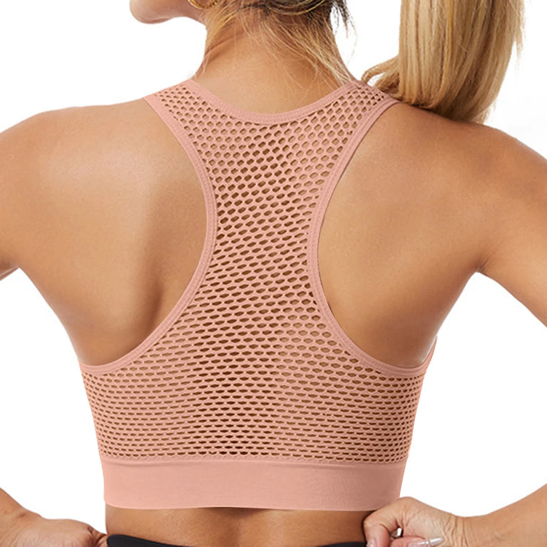 Front-Zipper Breathable Mesh Sports Bra – Wireless High-Ventilation Support