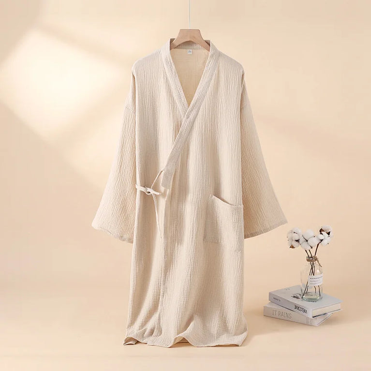 2026 Japanese Style 100% Cotton Crepe Robe – Breathable Summer Couple’s Kimono Bathrobe & Thin Sleeping Gown