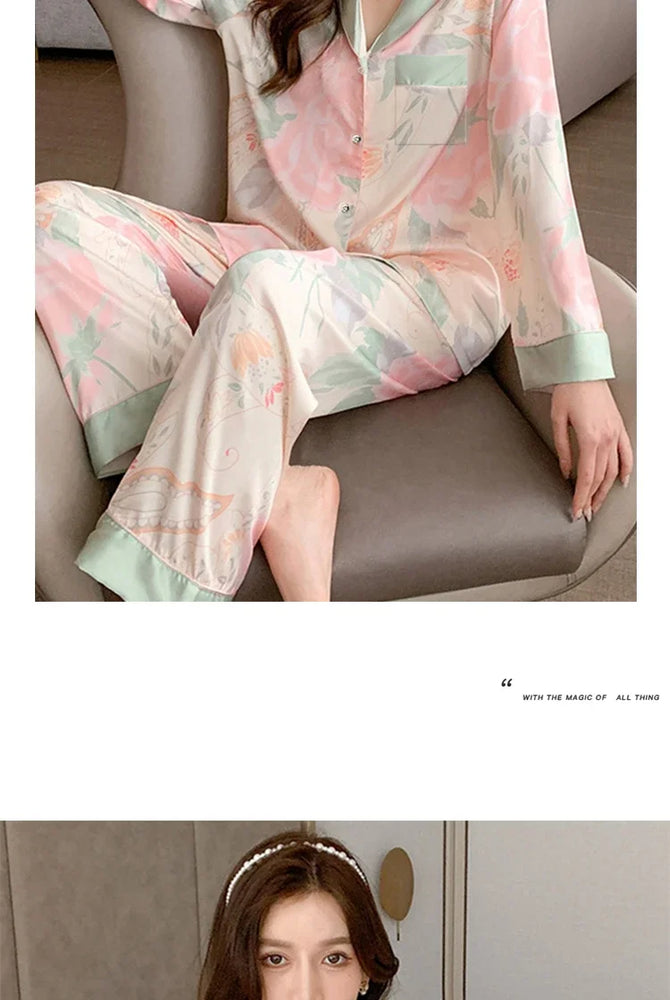 Women’s Floral Faux Silk Pajamas | 2-Piece Lapel Lounge Set