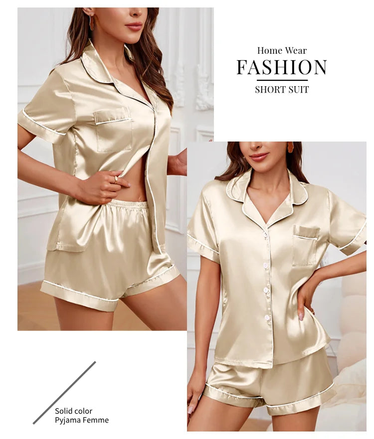 Luxury Satin Pajama Set | Short Sleeve Lapel Home Suit