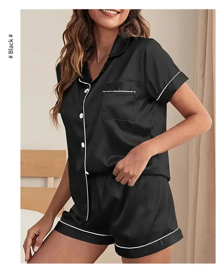 Luxury Satin Pajama Set | Short Sleeve Lapel Home Suit