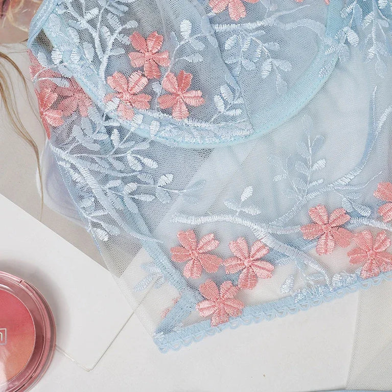 Floral Embroidery Unlined Bra and Brief Set – Sexy Transparent Lingerie