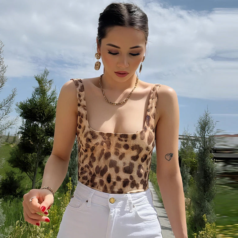 Leopard Print Slip Bodysuit | Summer High Street Backless Top