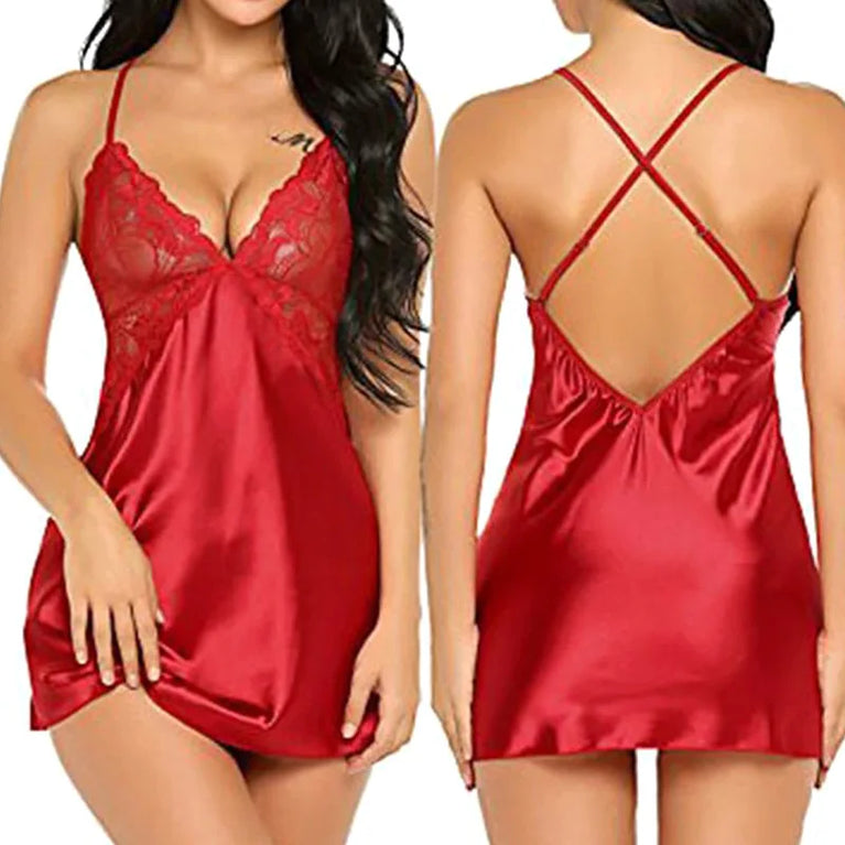 Sexy V-Neck Lace Nightdress | Backless Satin Cross-Strap Slip