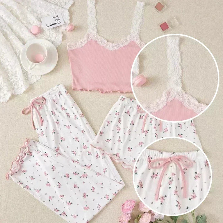 Women’s 3pc Heart Print Pajama Set | Ribbed Cami & Pants