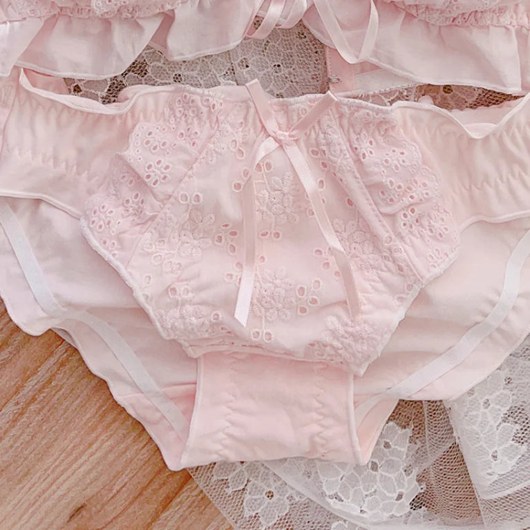 Sweet Lolita Cotton Embroidery Bra Set | Wireless Ruffle Duo