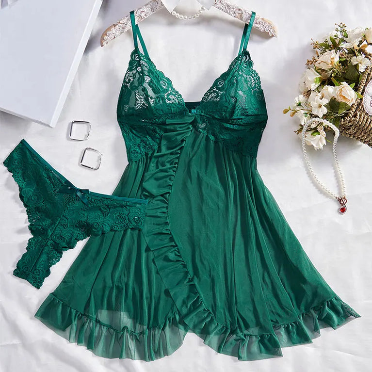 V-Neck Lace and Linen Mini Nightgown - Sexy Sleepwear for Women