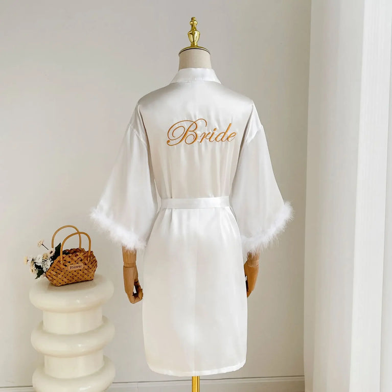Bridal Satin Robe | Feather-Trim Wedding Kimono
