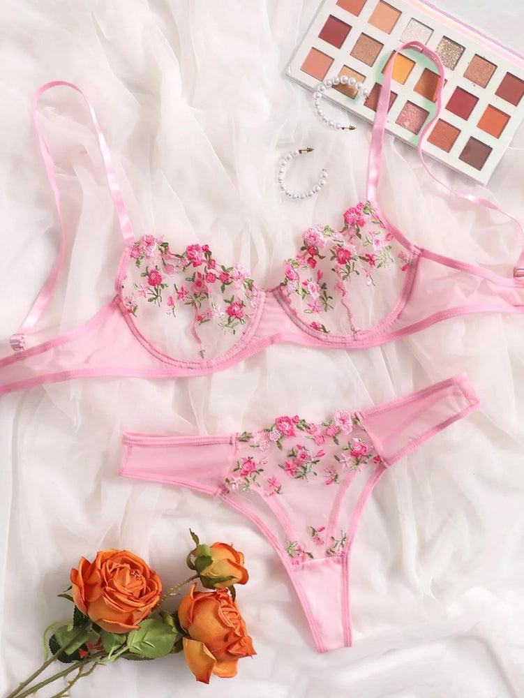 Floral Embroidery Wire-Free Bra & Brief Set – Unlined Sexy Lingerie