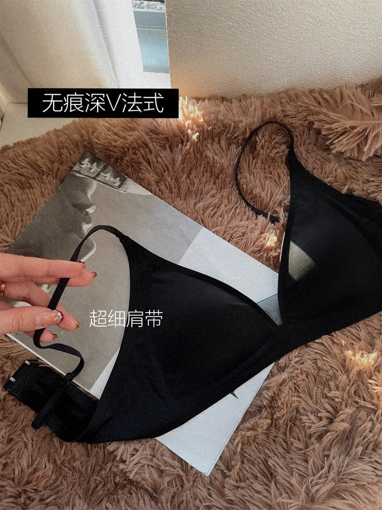 French Glossy Satin Seamless Bra | Deep-V Wireless Bralette