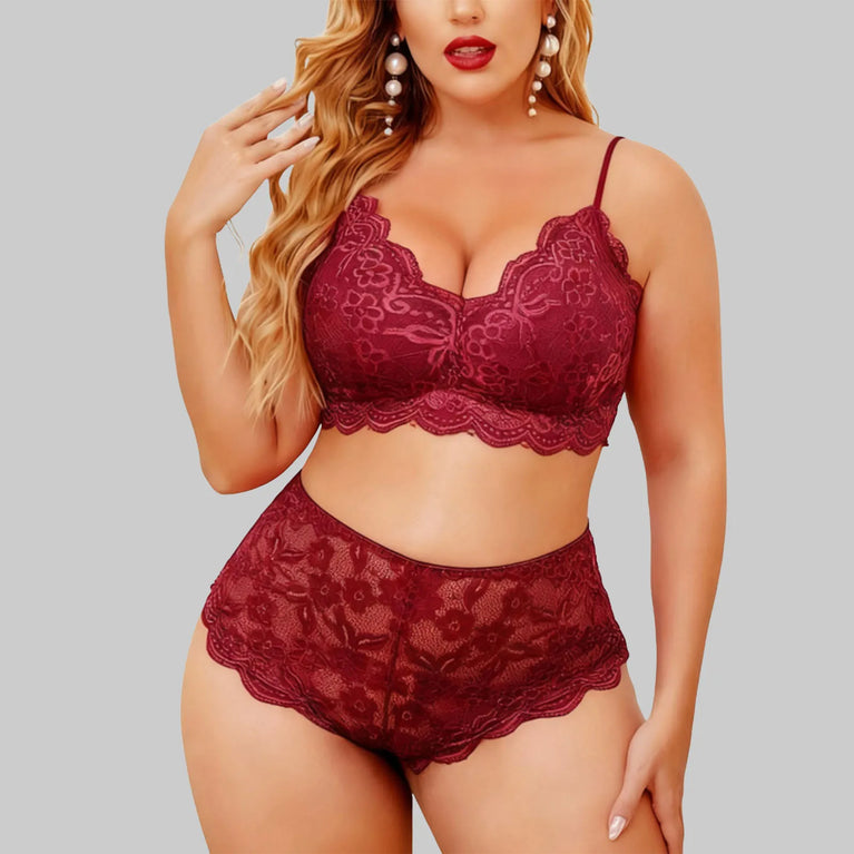 SEAMLESS LACE DEEP V NECK PUSH UP BRA SET HIGH WAIST THONG PLUS SIZE LINGERIE