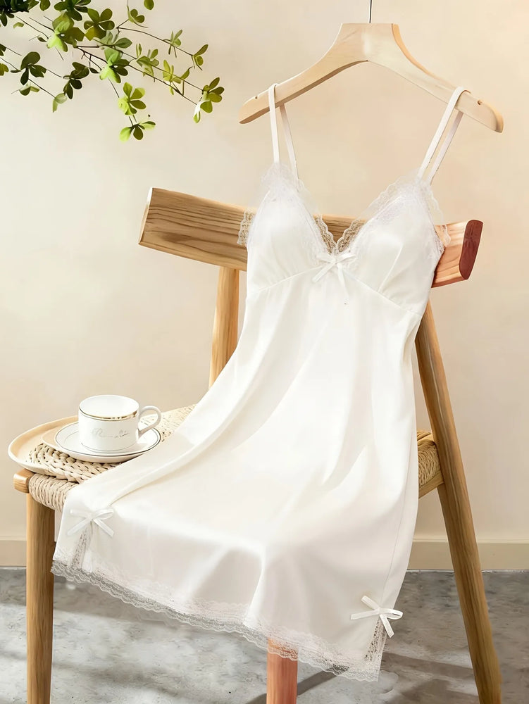 Womens Satin Slip Dress Lace Nightgown Mini Sleepwear Dress