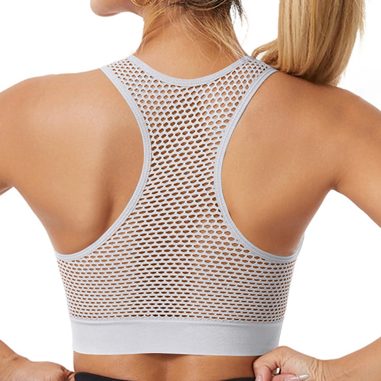 Front-Zipper Breathable Mesh Sports Bra – Wireless High-Ventilation Support
