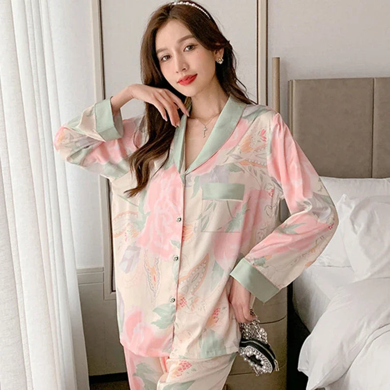 Women’s Floral Faux Silk Pajamas | 2-Piece Lapel Lounge Set