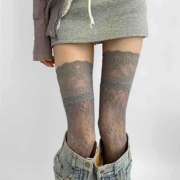 Women Over The Knee Lace Thigh High Socks Transparent Hosiery