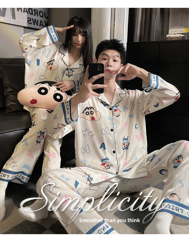 Couples Ice Silk Pajama Set | Cartoon Long-Sleeve Cardigan