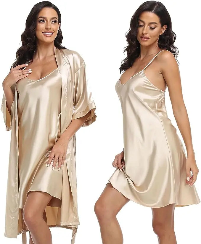 2pc Silk Pajama Set | Satin Robe & Chemise Nightgown