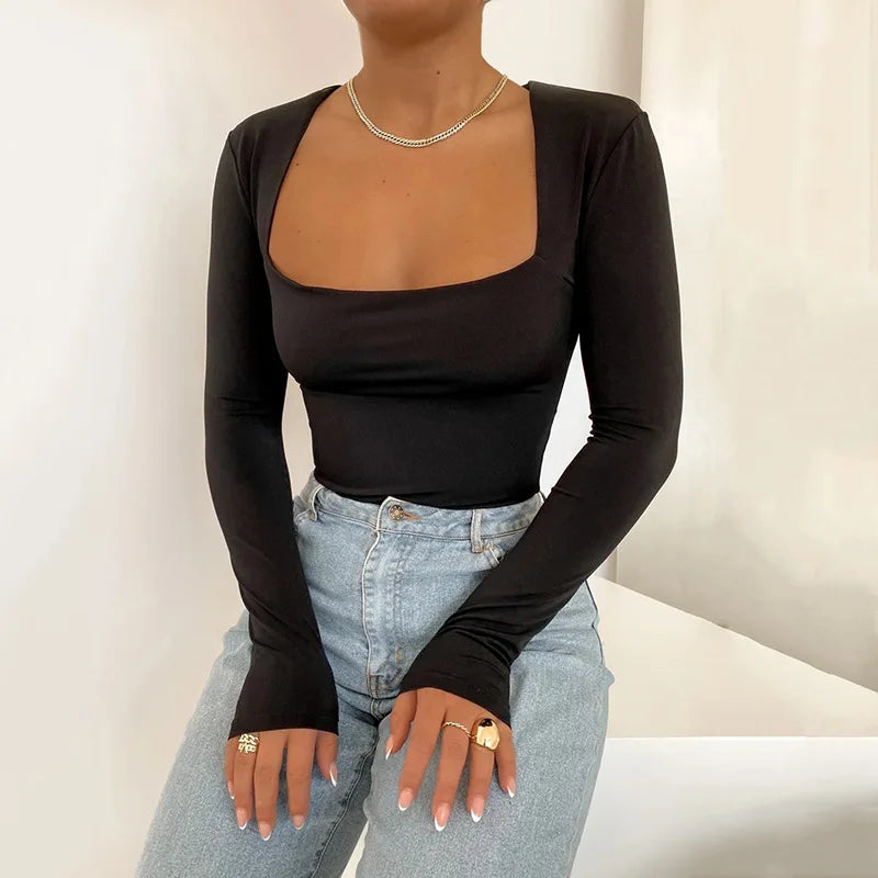 Long Sleeve Square Neck Bodysuit | Streetwear Bodycon Basic