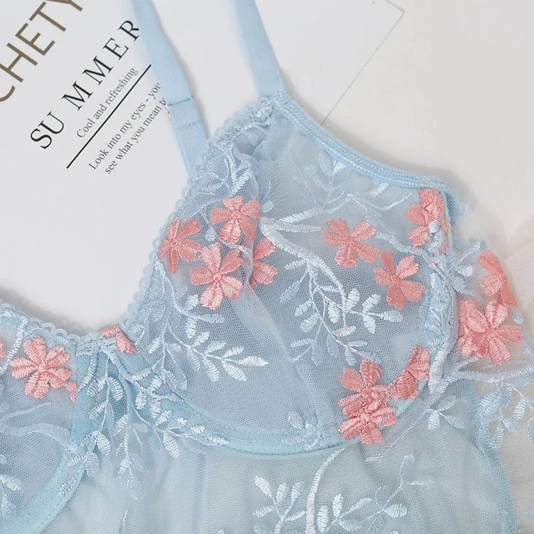 Floral Embroidery Unlined Bra and Brief Set – Sexy Transparent Lingerie