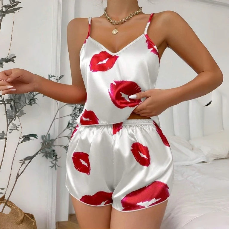 Women’s Satin Heart Pajama Set | V-Neck Cami & Silky Shorts
