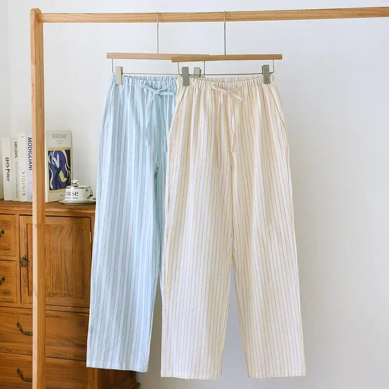 Cotton Gauze Pants | Striped Home Trousers