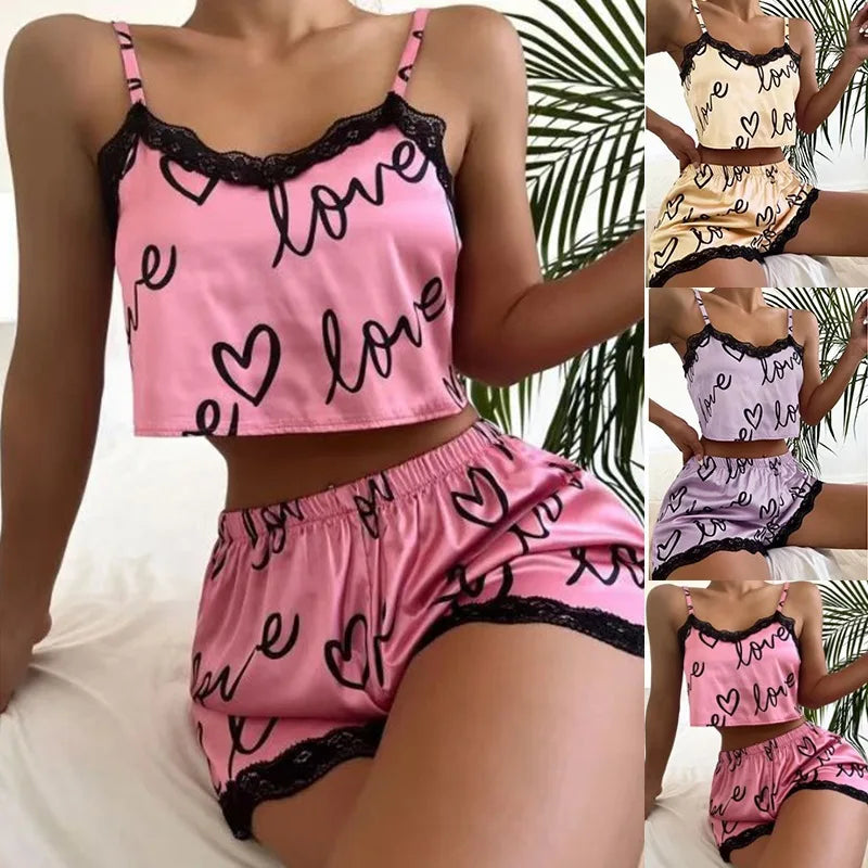 Women’s Silky Satin Pajama Set | Lace Cami & Shorts Nighty