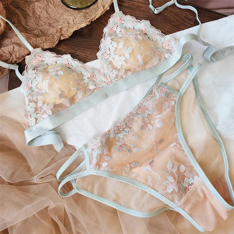 French Floral Embroidery Bra Set | Ultra-Thin Triangle Cups