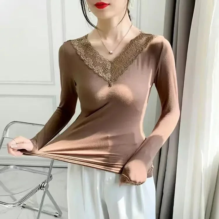 Autumn Long Sleeve Shirt V Neck Thin Blouse Women Top