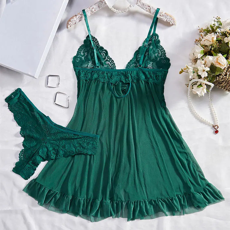 V-Neck Lace and Linen Mini Nightgown - Sexy Sleepwear for Women