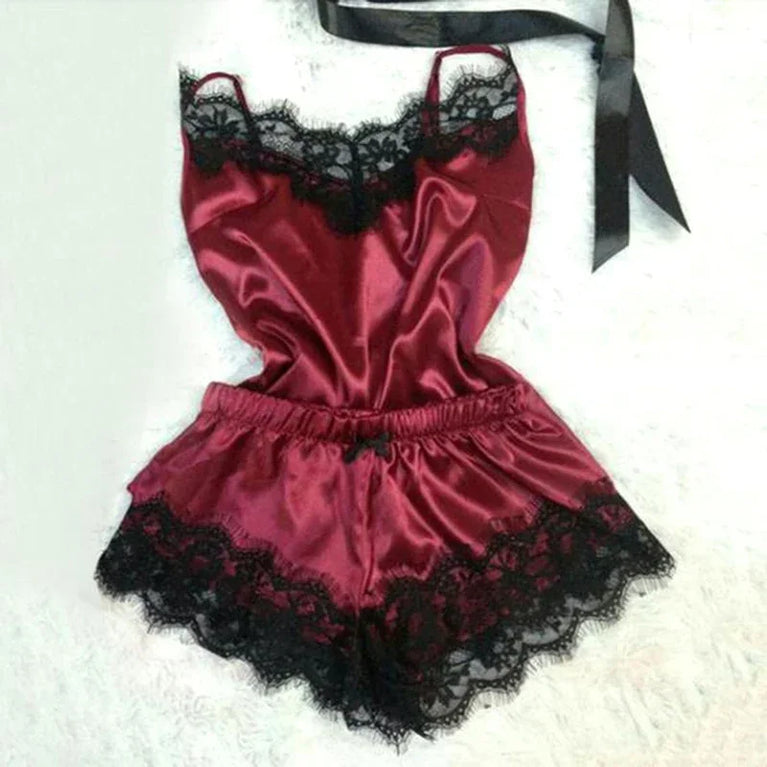 Lace Satin 2-Piece Pajama Set – Sexy V-Neck Strap Vest & Matching Sleep Shorts for Women