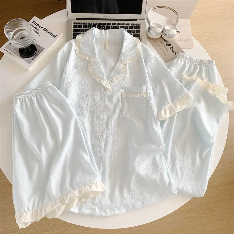 Women’s 3pc Cloud Cotton Loungewear Set | Blue Summer PJs