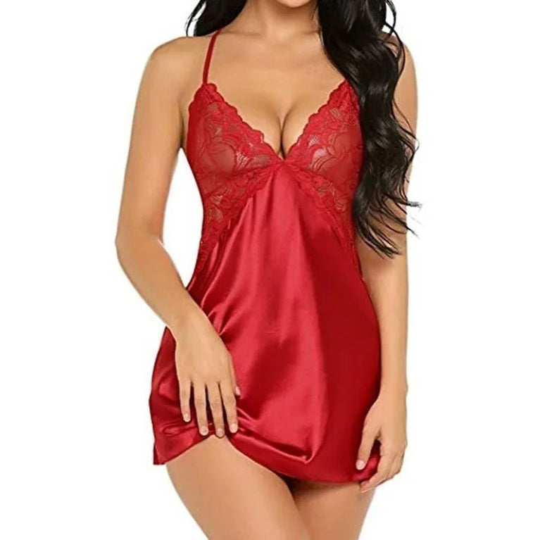Sexy V-Neck Lace Nightdress | Backless Satin Cross-Strap Slip