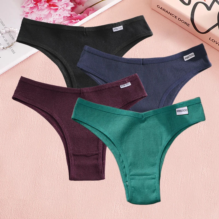 4pc Cotton Ribbed Bikini | Seamless V-Waist Panties