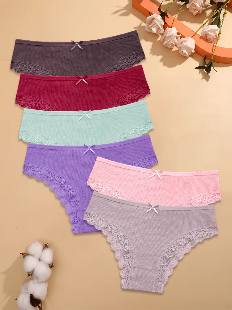 6pc Cotton Lace Panties | Crossed Belt Brazilian Briefs