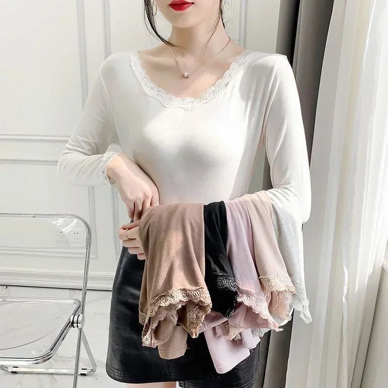 Women’s Thin Modal Thermal Top | Elegant Lace Trim Base Layer