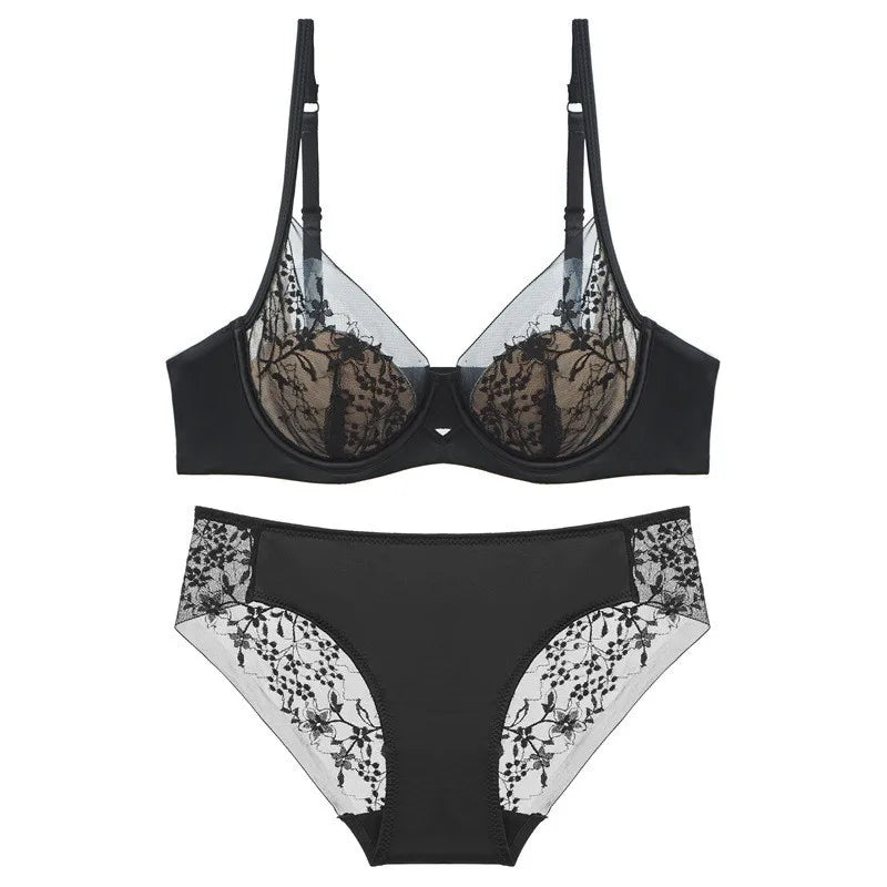 Floral Embroidery Plunge Push Up Bra Set – Elegant Underwire Lingerie