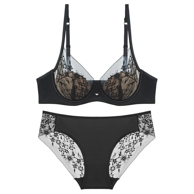 Floral Embroidery Plunge Push Up Bra Set – Elegant Underwire Lingerie