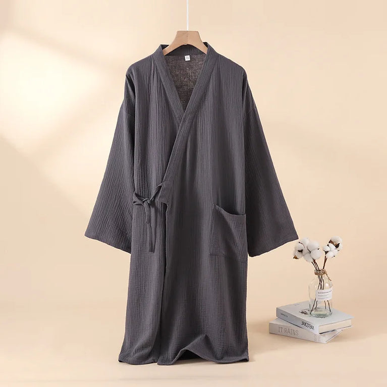 2026 Japanese Style 100% Cotton Crepe Robe – Breathable Summer Couple’s Kimono Bathrobe & Thin Sleeping Gown
