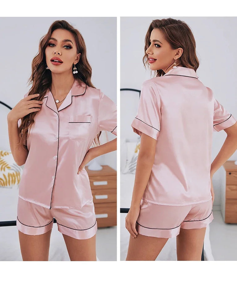 Luxury Silk Satin Pajama Set | Button-Down Short Pj Suit