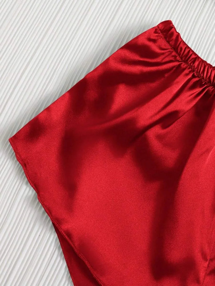 Red Satin Heart Pajama Set | Silky Tie-Knot Cami & Shorts