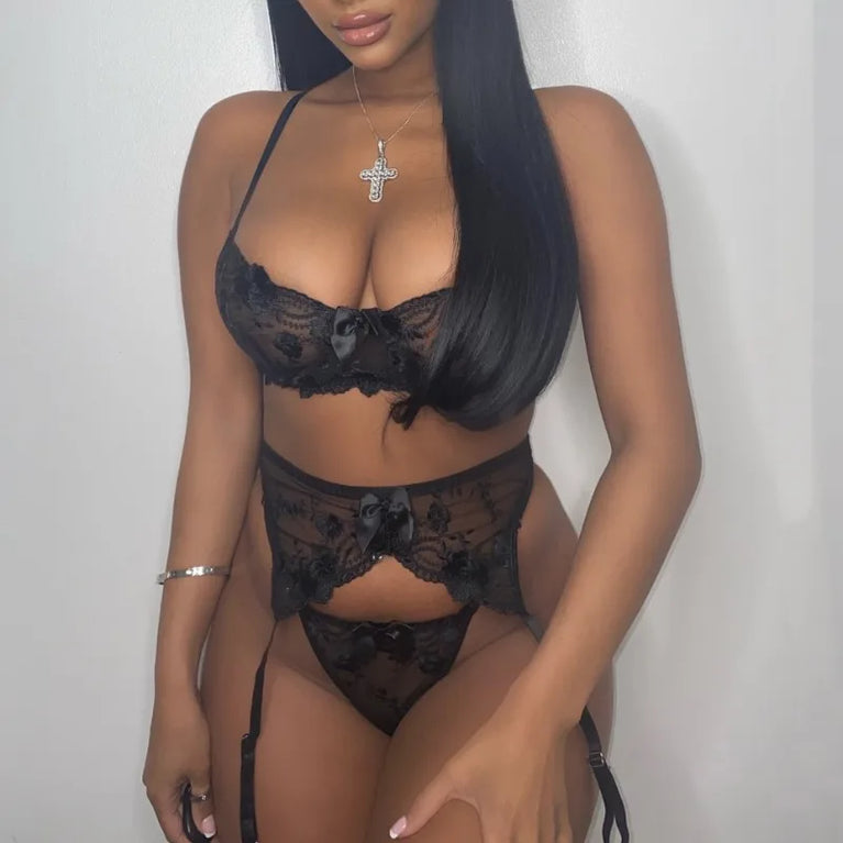 Solid Embroidery Underwire Bra & Brief Set – Sexy Unlined Lingerie