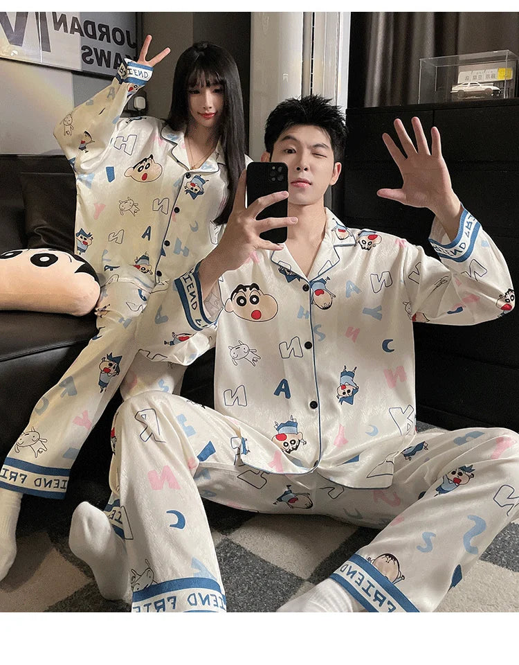 Couples Ice Silk Pajama Set | Cartoon Long-Sleeve Cardigan