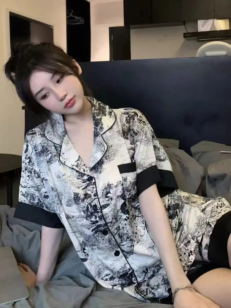 Women’s Ice Silk Sleepwear Set | Sweet Short Sleeve PJs