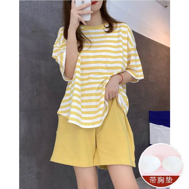 Women’s Striped Pajama Set | Built-in Chest Pads & Shorts