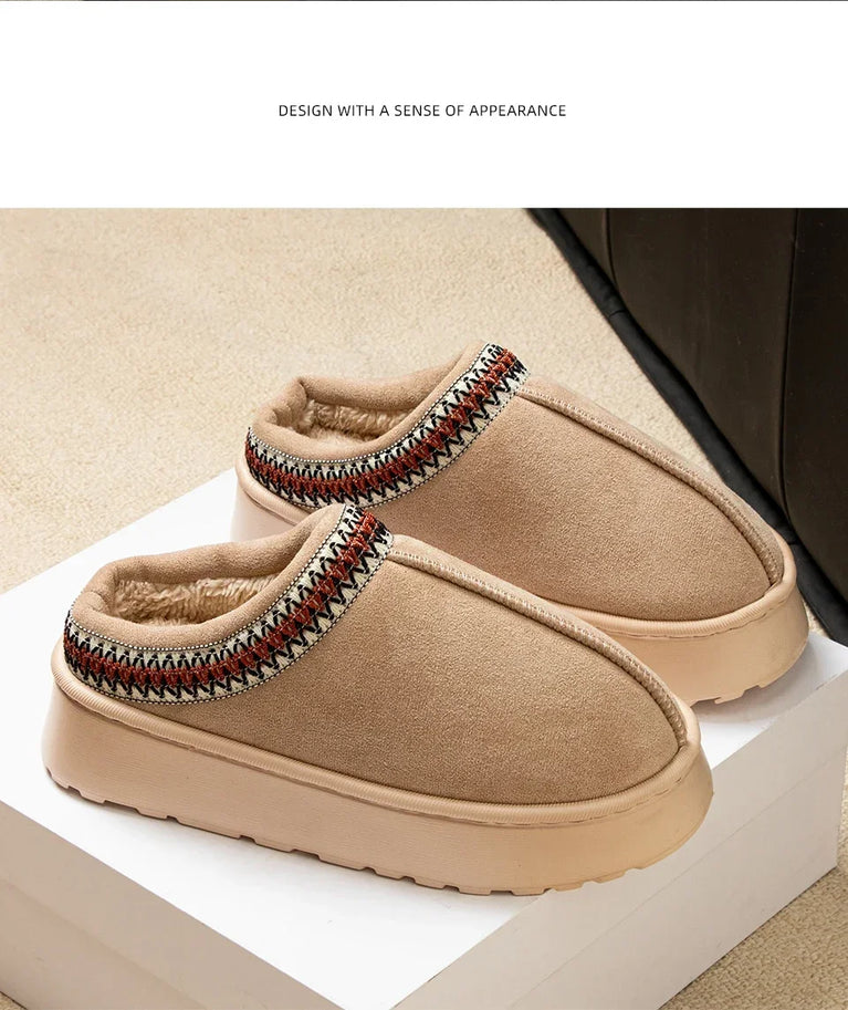 Warm Winter Plush Slippers | Embroidered Anti-Slip Home Shoes